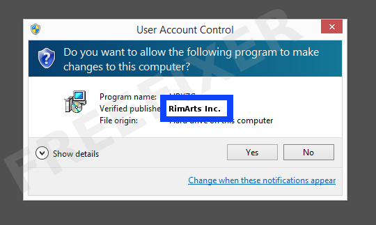Screenshot where RimArts Inc. appears as the verified publisher in the UAC dialog
